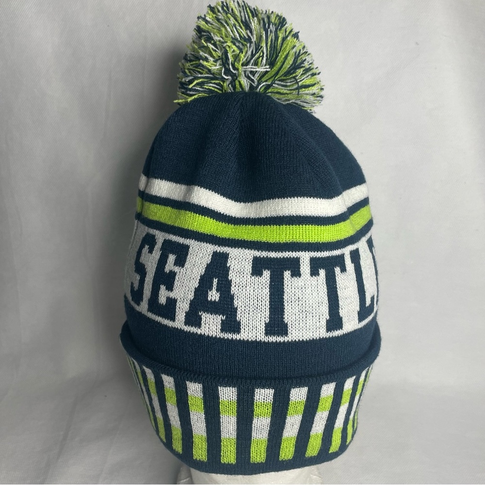 Seattle City Series Pom Pom Knit Beanie Navy Lime Green Cuff Hat Winter Cap